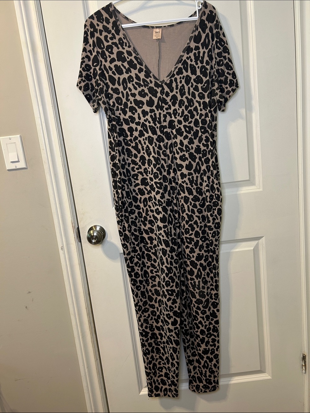 Smash + Tess Leopard Print V-Neck Jumpsuit in Taupe and Black